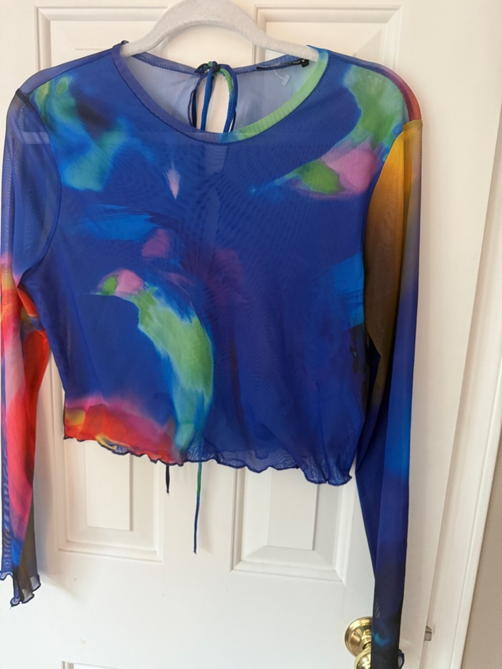 Zara Blue Multicolor Sheer Long Sleeve Crop Top